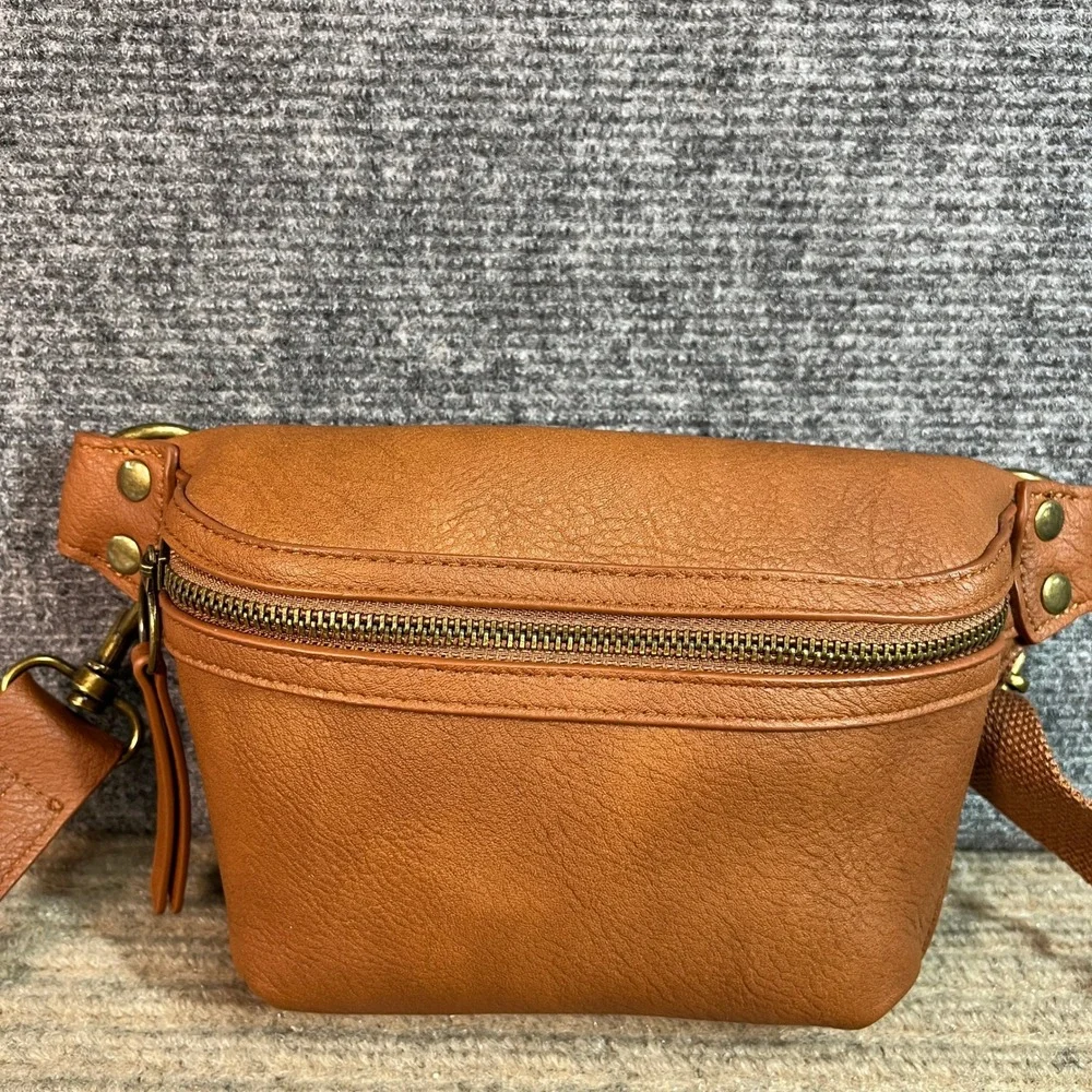 Cognac Brown Pebbled Vegan Leather Belt Bag Waist Pack with Dual Straps